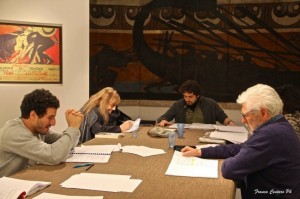 "Coefore / Eumenidi", un momento delle prove. Da sinistra: Francesco Scianna, Piera Degli Esposti, Daniele Salvo, Ugo Pagliai